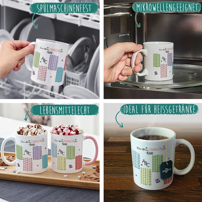 Tasse - Das kleine Einmaleins - mit Wunschname - Innen &amp; Henkel Rosa