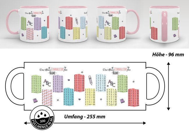 Tasse - Das kleine Einmaleins - mit Wunschname - Innen &amp; Henkel Rosa