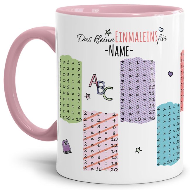 Tasse - Das kleine Einmaleins - mit Wunschname - Innen &amp; Henkel Rosa