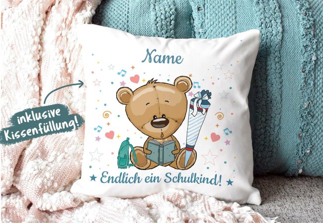 Kissen mit F&uuml;llung - Endlich ein Schulkind - Zur Einschulung f&uuml;r Jungs - Teddy - mit Wunschname - Farbkissen R&uuml;ckseite Hellblau