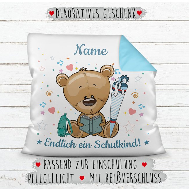 Kissen mit F&uuml;llung - Endlich ein Schulkind - Zur Einschulung f&uuml;r Jungs - Teddy - mit Wunschname - Farbkissen R&uuml;ckseite Hellblau