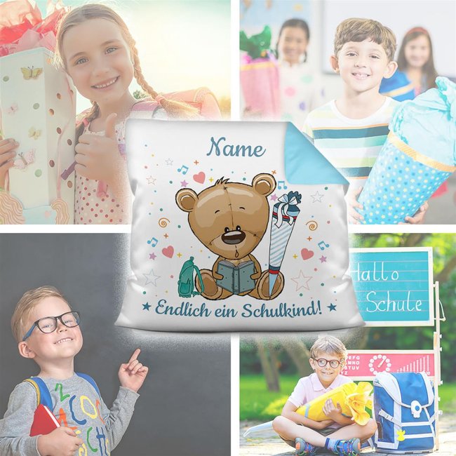 Kissen mit F&uuml;llung - Endlich ein Schulkind - Zur Einschulung f&uuml;r Jungs - Teddy - mit Wunschname - Farbkissen R&uuml;ckseite Hellblau