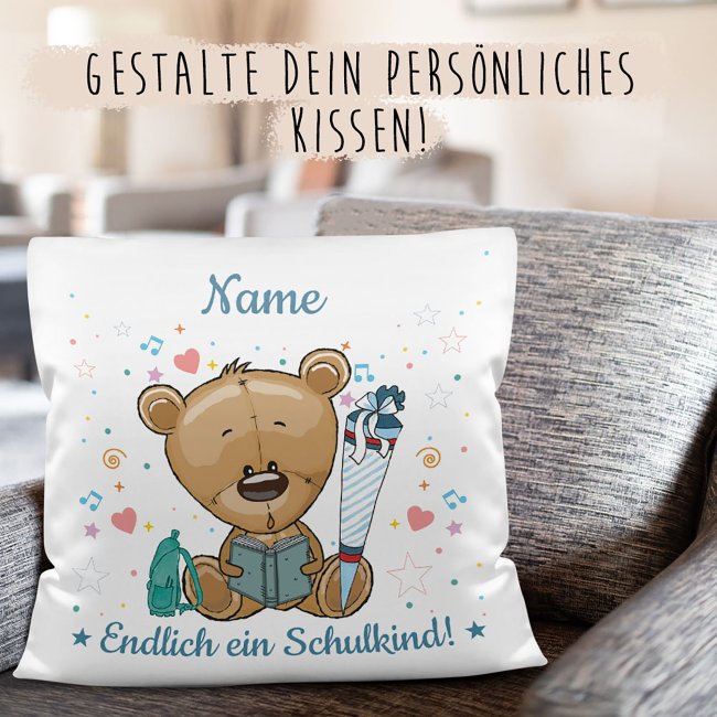 Kissen mit F&uuml;llung - Endlich ein Schulkind - Zur Einschulung f&uuml;r Jungs - Teddy - mit Wunschname - Farbkissen R&uuml;ckseite Hellblau