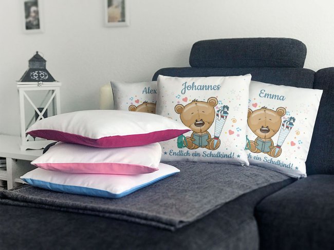 Kissen mit F&uuml;llung - Endlich ein Schulkind - Zur Einschulung f&uuml;r Jungs - Teddy - mit Wunschname - Farbkissen R&uuml;ckseite Hellblau
