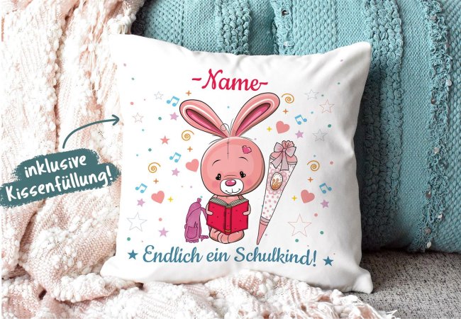 Kissen mit F&uuml;llung - Endlich ein Schulkind - Zur Einschulung f&uuml;r M&auml;dchen - Hase - mit Wunschname - Kissen Polyester - Wei&szlig;