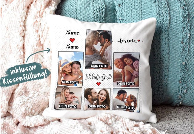 Kissen - Fotocollage - Ich liebe dich forever - mit Namen und sechs Wunschfotos - Kissen Polyester - Wei&szlig;