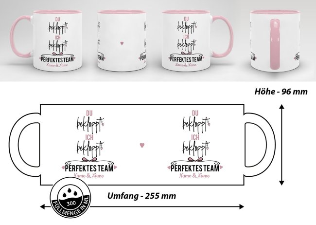 Partnertasse - Perfektes Team - mit Wunschnamen - Innen &amp; Henkel Rosa