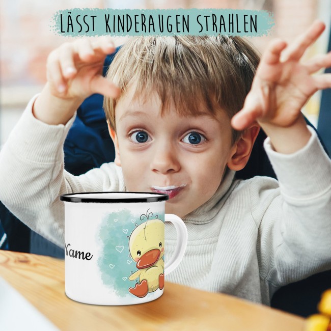 Kindertasse aus Emaille - Ente - mit Wunschname personalisierbar