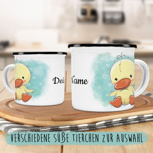 Kindertasse aus Emaille - Ente - mit Wunschname personalisierbar