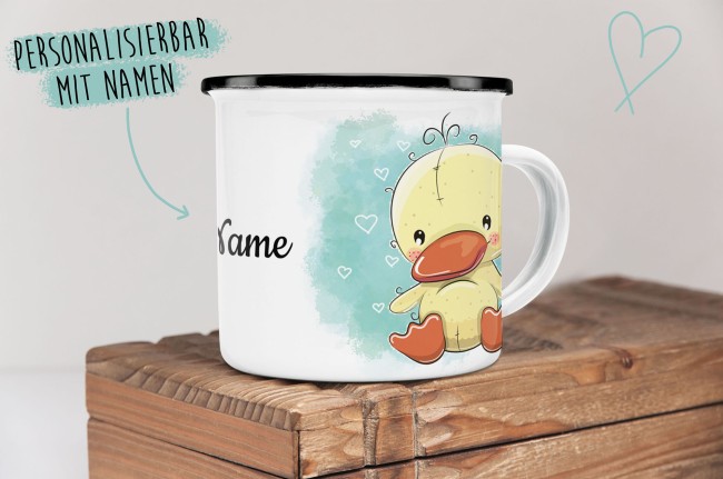 Kindertasse aus Emaille - Ente - mit Wunschname personalisierbar