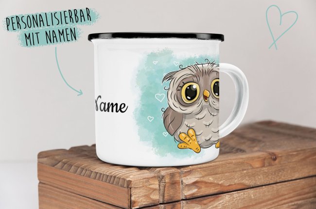 Kindertasse aus Emaille - Eule - mit Wunschname personalisierbar