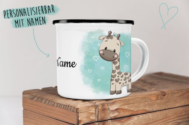 Kindertasse aus Emaille - Giraffe - mit Wunschname personalisierbar