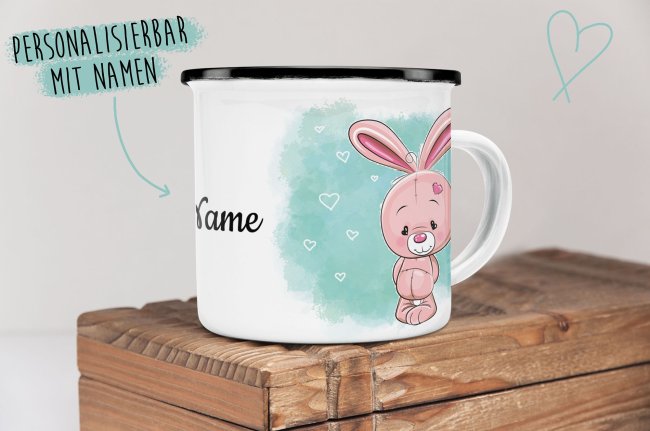 Kindertasse aus Emaille - Hase - mit Wunschname personalisierbar