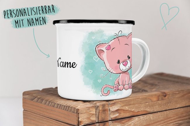 Kindertasse aus Emaille - Katze - mit Wunschname personalisierbar
