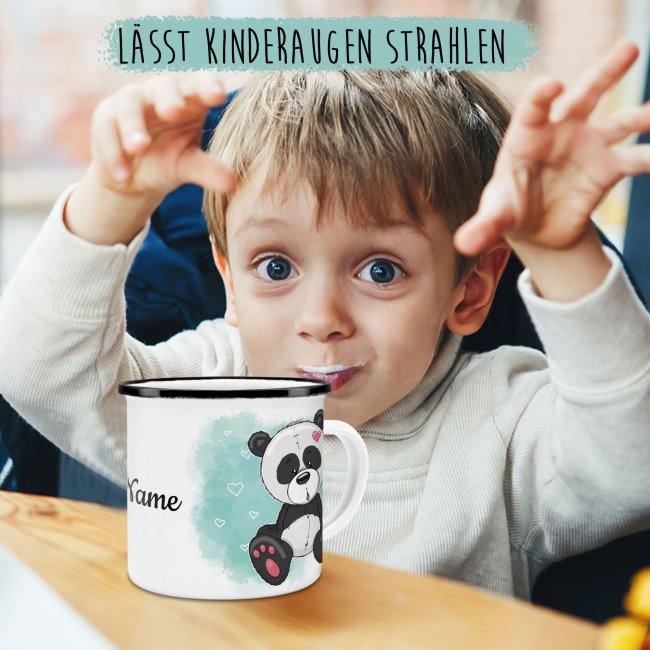 Kindertasse aus Emaille - Panda - mit Wunschname personalisierbar