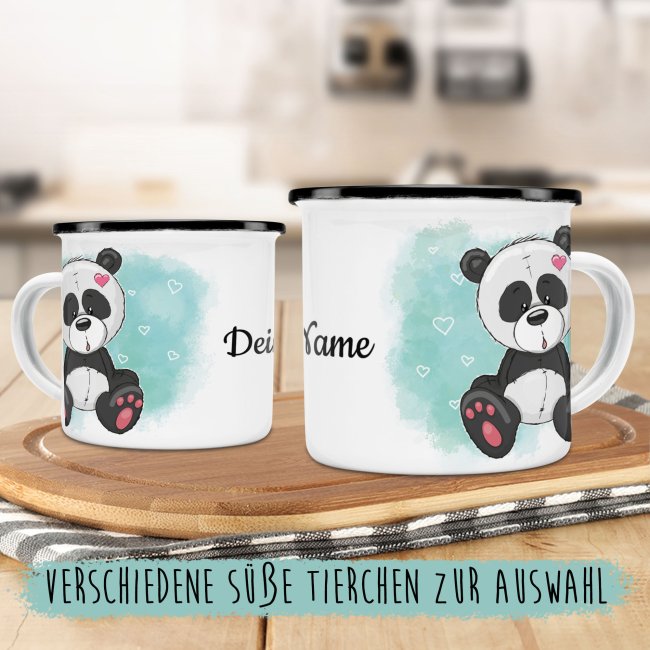 Kindertasse aus Emaille - Panda - mit Wunschname personalisierbar