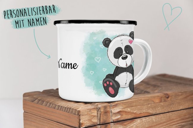 Kindertasse aus Emaille - Panda - mit Wunschname personalisierbar