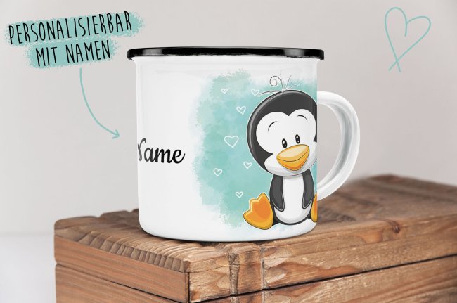 Kindertasse aus Emaille - Pinguin - mit Wunschname personalisierbar