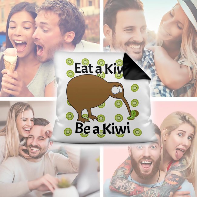 Kiwi Kissen mit Spruch - Eat a Kiwi Be a Kiwi - R&uuml;ckseite Schwarz