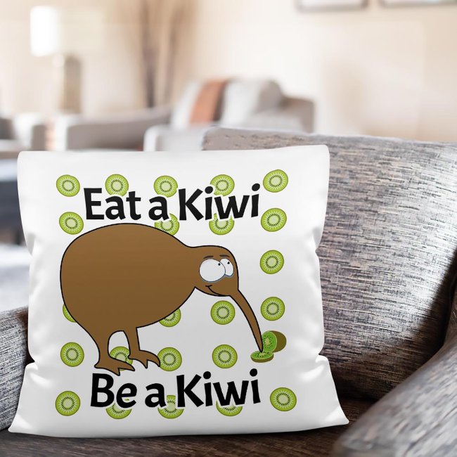 Kiwi Kissen mit Spruch - Eat a Kiwi Be a Kiwi - R&uuml;ckseite Schwarz