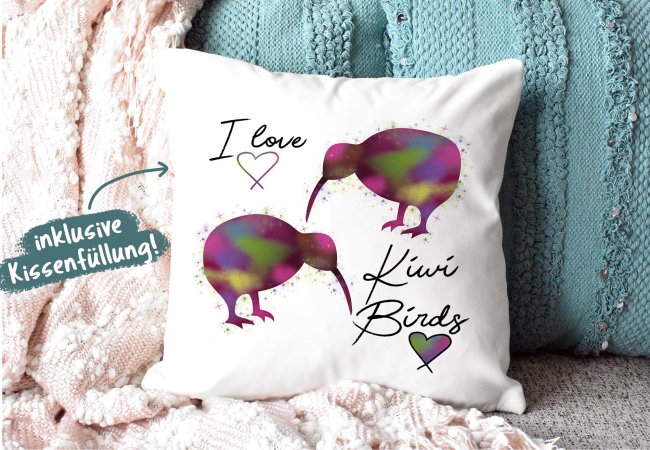 Kiwi Kissen mit Spruch - I love Kiwi Birds - R&uuml;ckseite Schwarz