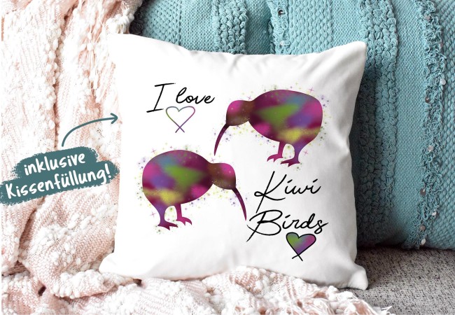 Kiwi Kissen mit Spruch - I love Kiwi Birds - Rückseite Schwarz