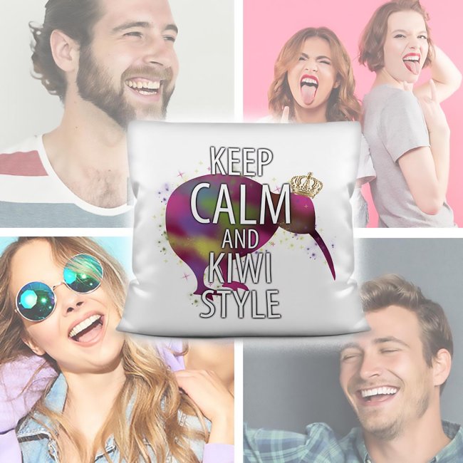 Kiwi Kissen mit Spruch - Keep Calm And Kiwi Style - Wei&szlig;