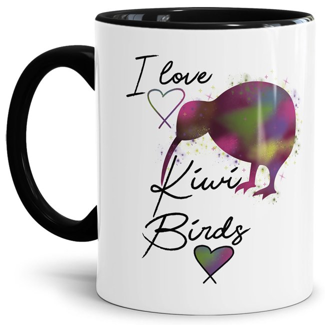 Tasse mit Spruch - Kiwi Tasse - I love Kiwi Birds - Innen &amp; Henkel Schwarz