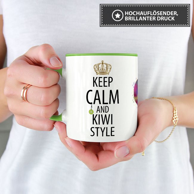 Tasse mit Spruch - Kiwi Tasse - Keep Calm and Kiwi Style - Innen &amp; Henkel Hellgr&uuml;n