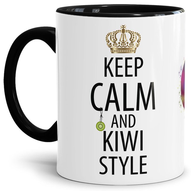 Tasse mit Spruch - Kiwi Tasse - Keep Calm and Kiwi Style - Innen &amp; Henkel Schwarz