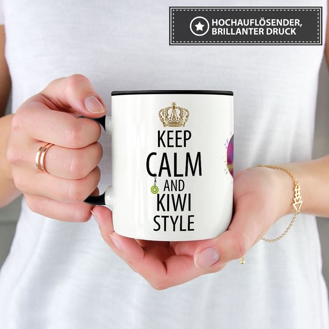 Tasse mit Spruch - Kiwi Tasse - Keep Calm and Kiwi Style - Innen &amp; Henkel Schwarz
