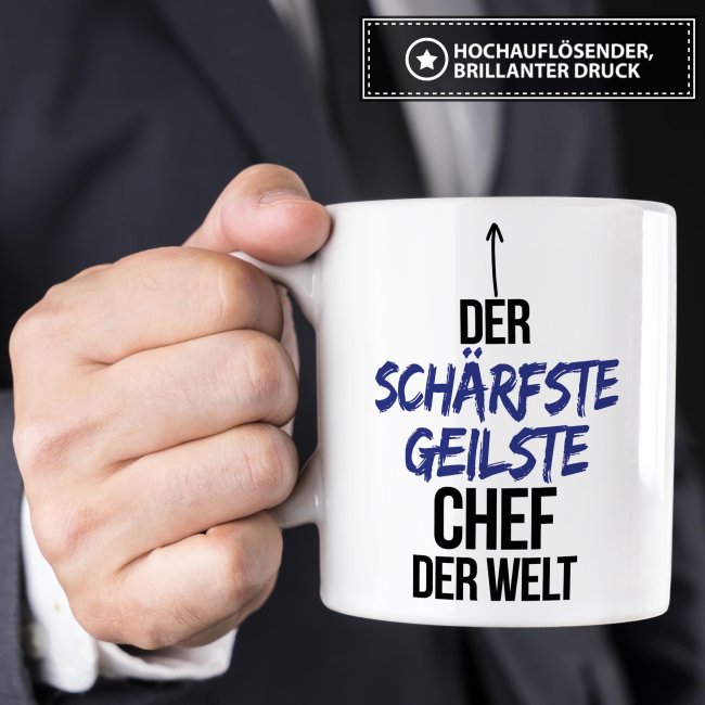 Tasse mit Spruch - Lustige Chef Tasse - Der sch&auml;rfste geilste Chef der Welt - Innen &amp; Henkel Schwarz
