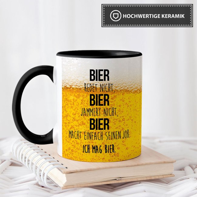 Bier Tasse mit Spruch - Ich mag Bier! - Innen &amp; Henkel Schwarz