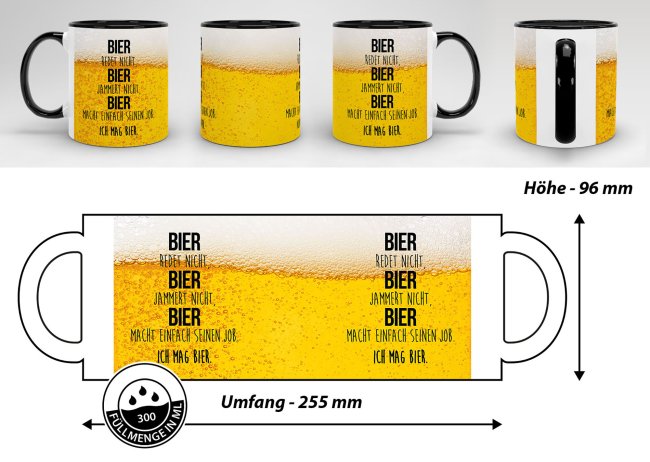 Bier Tasse mit Spruch - Ich mag Bier! - Innen &amp; Henkel Schwarz