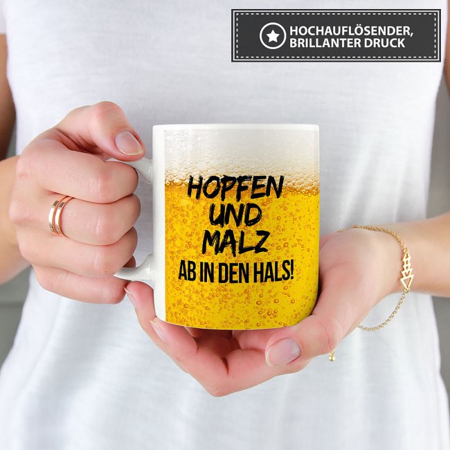 Bier Tasse mit Spruch - Hopfen und Malz ab in den Hals! - Wei&szlig;