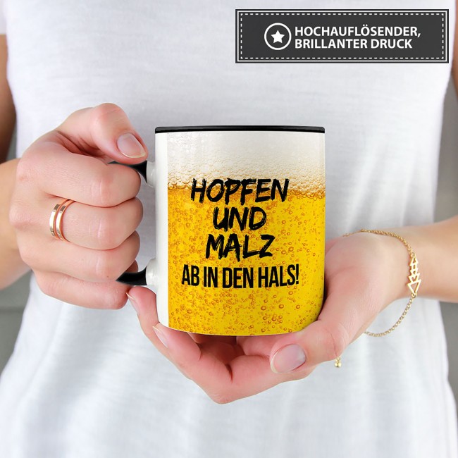 Bier Tasse mit Spruch - Hopfen und Malz ab in den Hals! - Innen & Henkel Schwarz