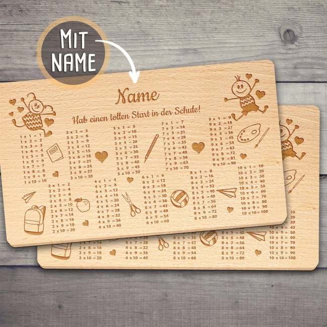 Graviertes Holzbrett - Hab einen tollen Start in der Schule - mit 1x1 und Name personalisierbar