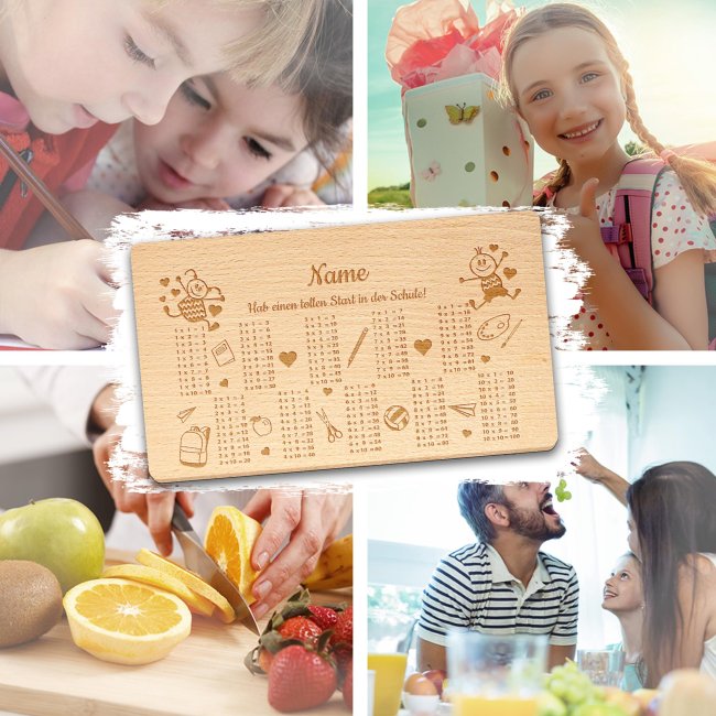 Graviertes Holzbrett - Hab einen tollen Start in der Schule - mit 1x1 und Name personalisierbar