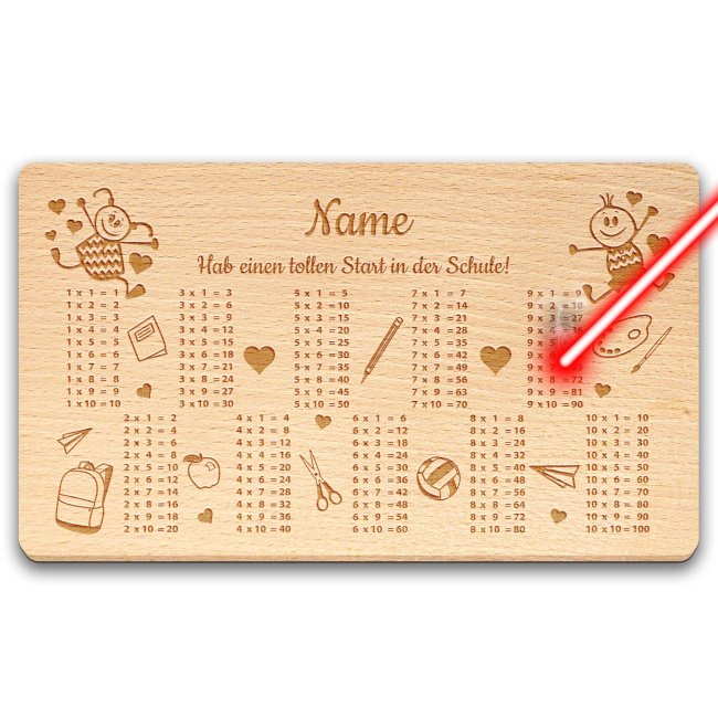 Graviertes Holzbrett - Hab einen tollen Start in der Schule - mit 1x1 und Name personalisierbar