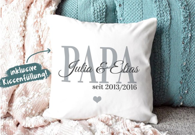 Kissen mit Spruch - Papa seit - mit Kindernamen und Geburtsjahr - Wei&szlig; flauschig