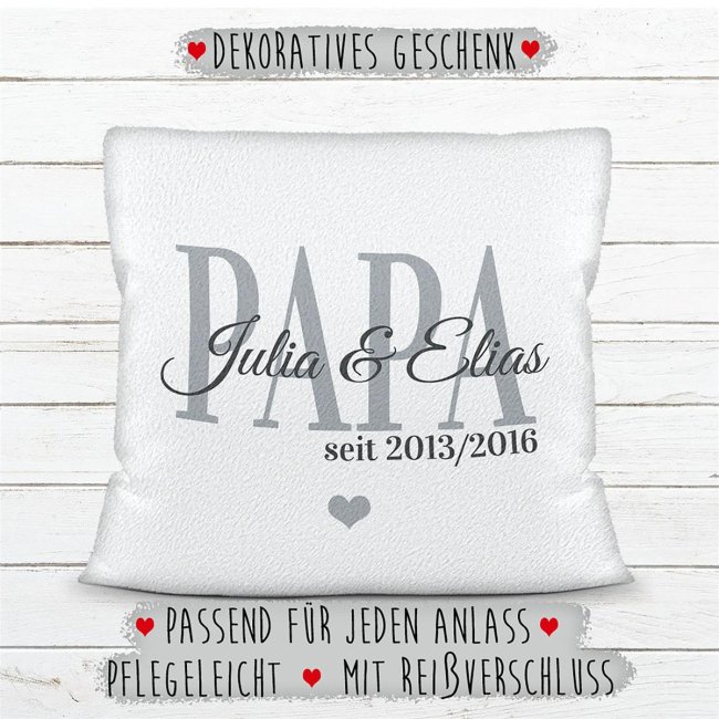 Kissen mit Spruch - Papa seit - mit Kindernamen und Geburtsjahr - Wei&szlig; flauschig