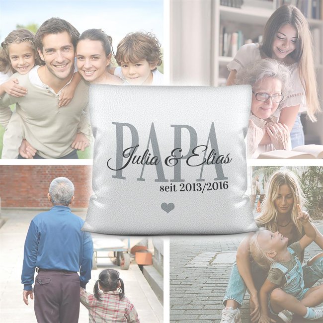 Kissen mit Spruch - Papa seit - mit Kindernamen und Geburtsjahr - Wei&szlig; flauschig