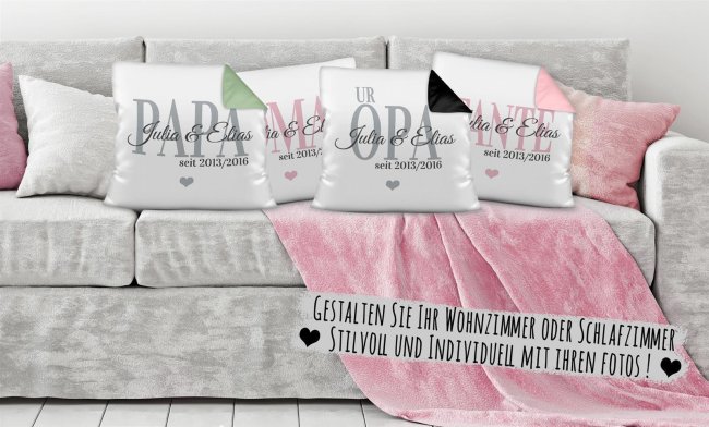 Kissen mit Spruch - Papa seit - mit Kindernamen und Geburtsjahr - Wei&szlig; flauschig