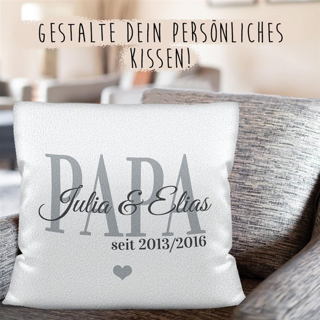 Kissen mit Spruch - Papa seit - mit Kindernamen und Geburtsjahr - Wei&szlig; flauschig