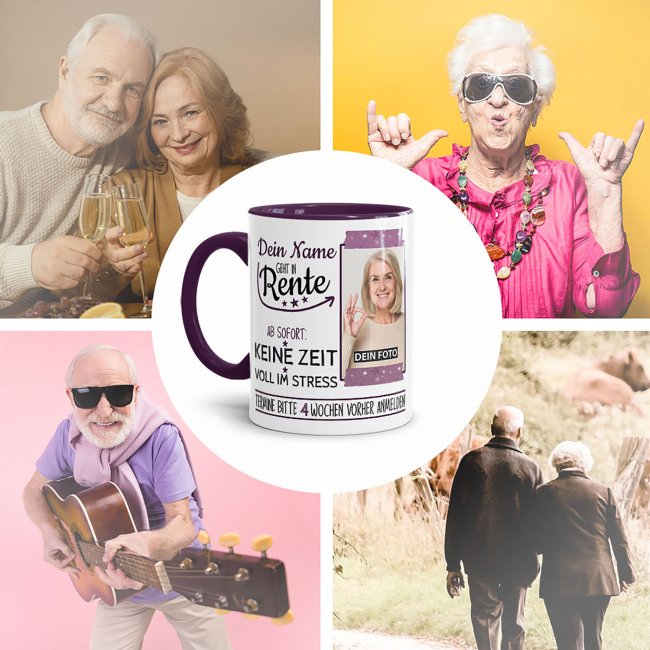 Tasse f&uuml;r Rentnerin - Geht in Rente - mit Foto und Name - Innen &amp; Henkel Violett