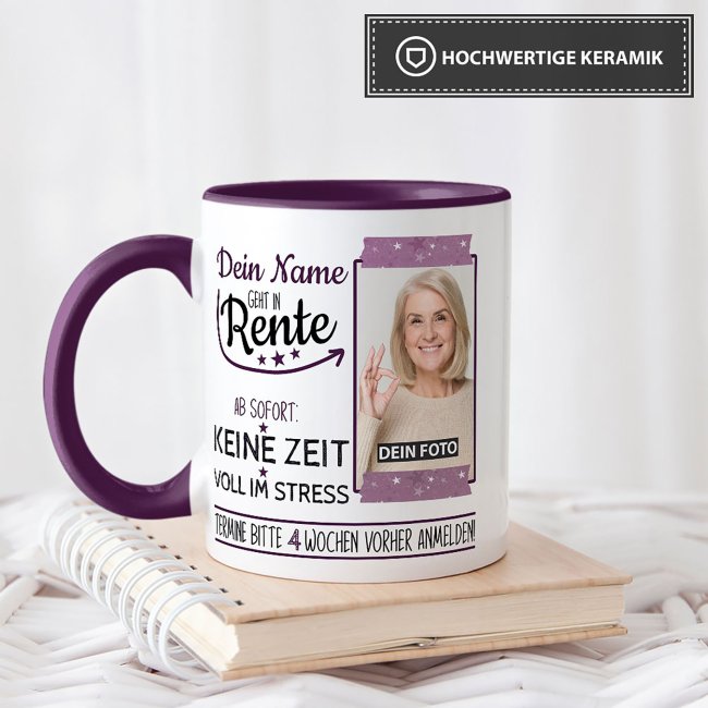 Tasse f&uuml;r Rentnerin - Geht in Rente - mit Foto und Name - Innen &amp; Henkel Violett