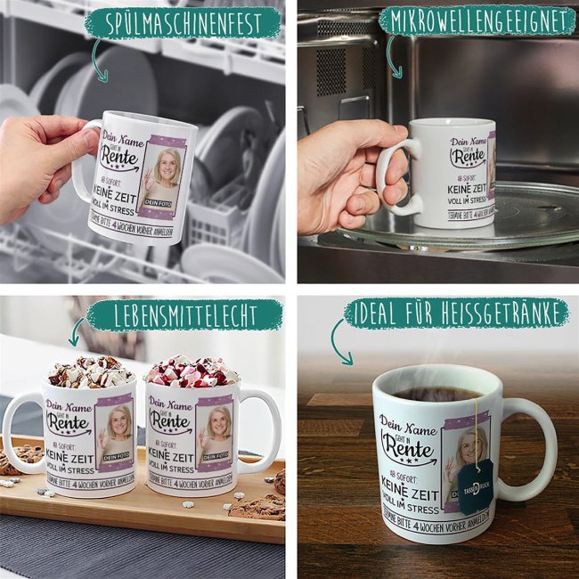 Tasse f&uuml;r Rentnerin - Geht in Rente - mit Foto und Name - Innen &amp; Henkel Violett