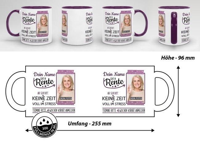 Tasse f&uuml;r Rentnerin - Geht in Rente - mit Foto und Name - Innen &amp; Henkel Violett