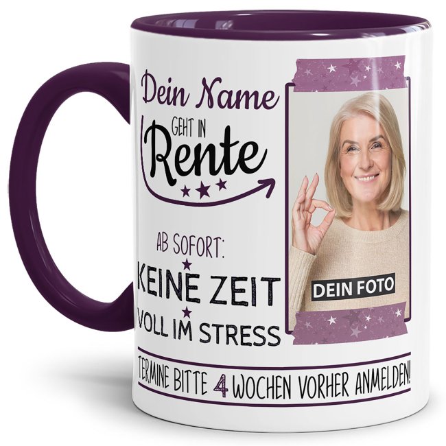 Tasse f&uuml;r Rentnerin - Geht in Rente - mit Foto und Name - Innen &amp; Henkel Violett