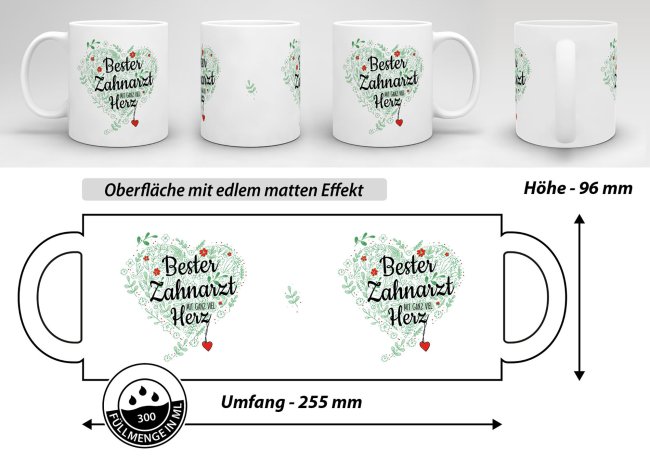 Arzt Tasse - &Auml;rzte mit ganz viel Herz - Zahnarzt - Wei&szlig; matt